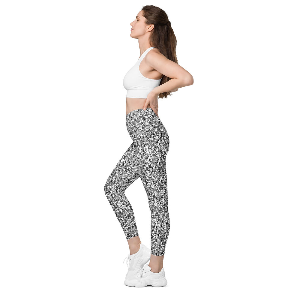 Thumbnail: Black Floral Design Crossover Leggings for Workouts with Pockets