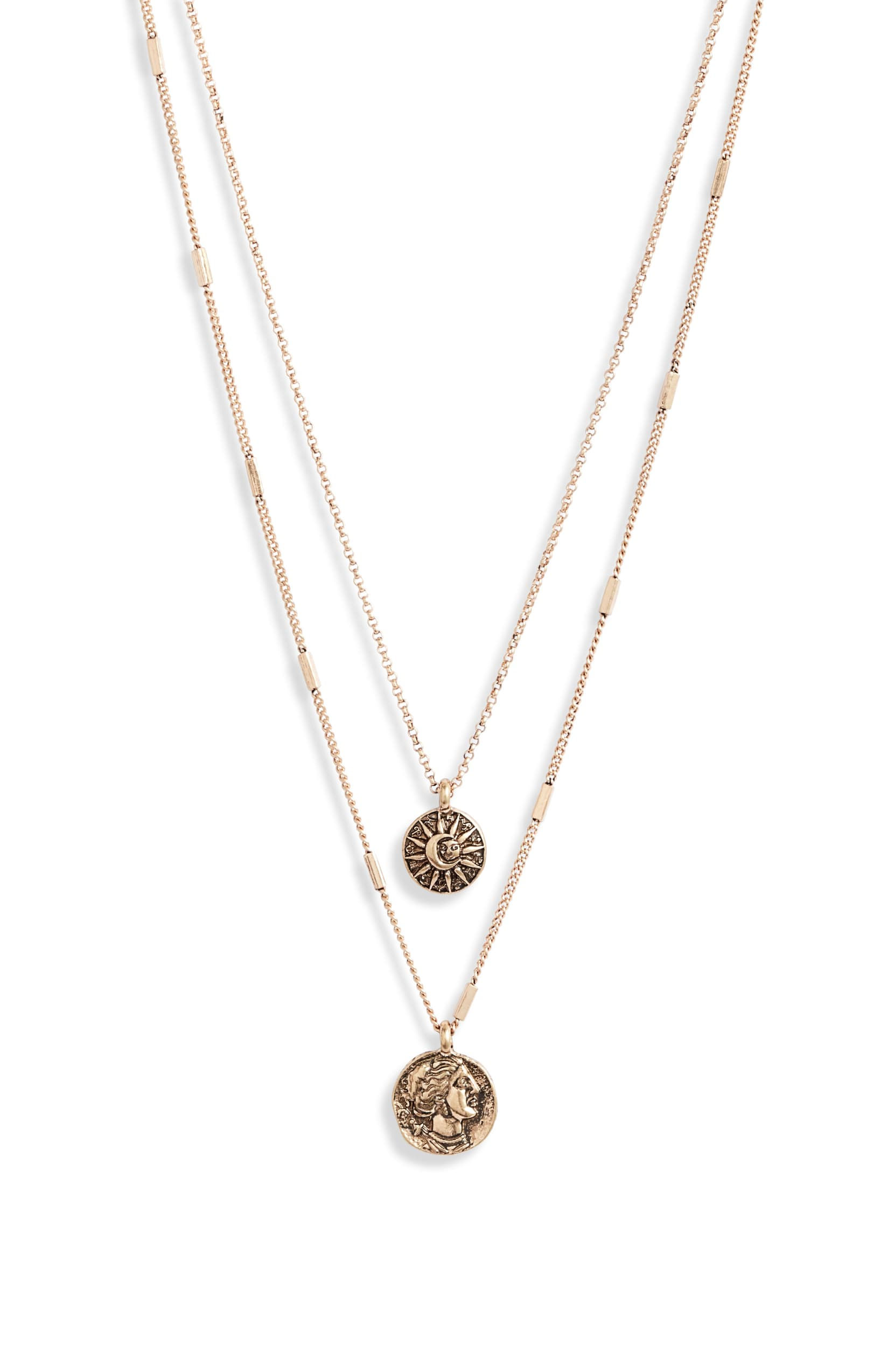 Sunburst Coin Charm Layered Necklace Set - Gold Plated Brass