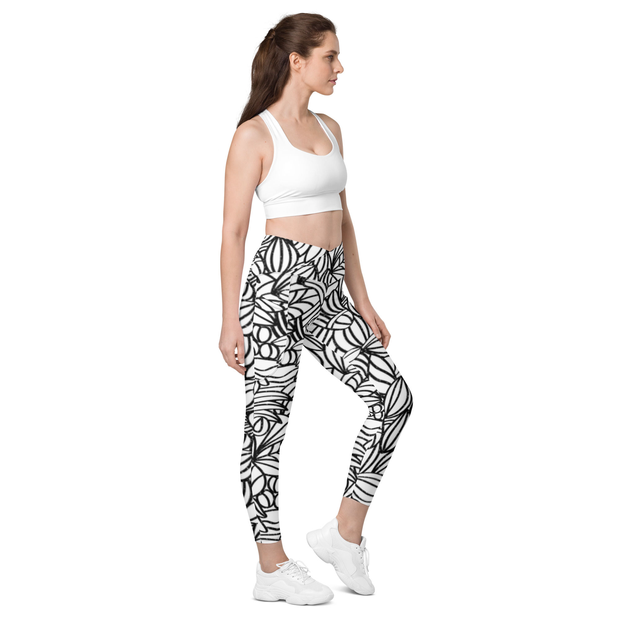 Black Floral Design Crossover Leggings for Workouts with Pockets