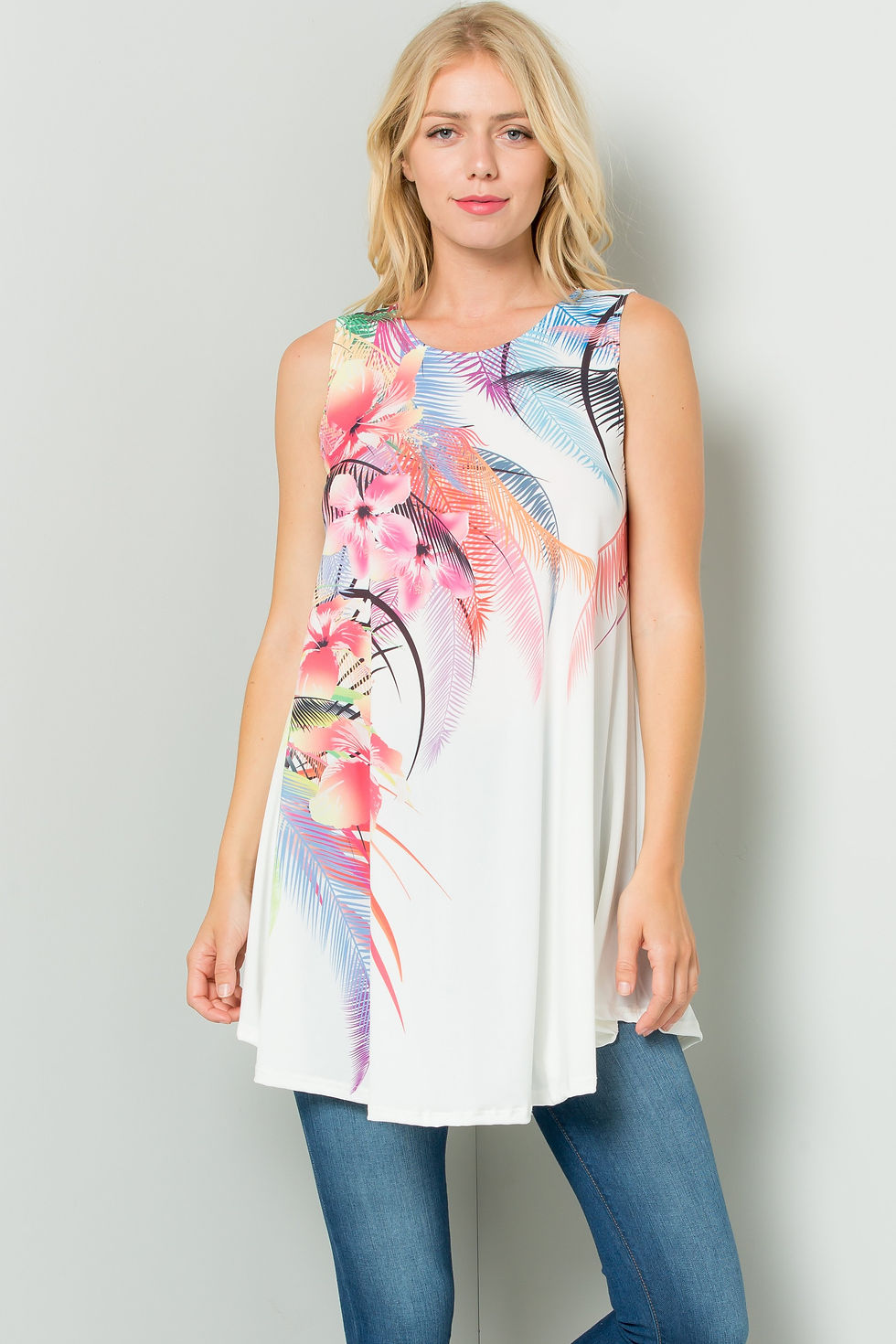 Thumbnail: Sleeveless Tunic Dress With Floral Print Sublimation