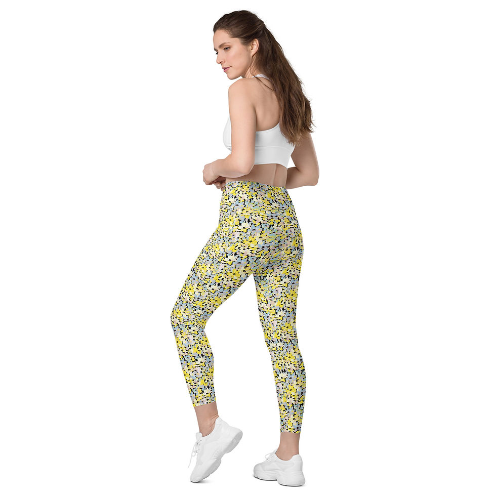 Thumbnail: Yellow Floral Design Pattern Crossover Leggings for Women with Pockets