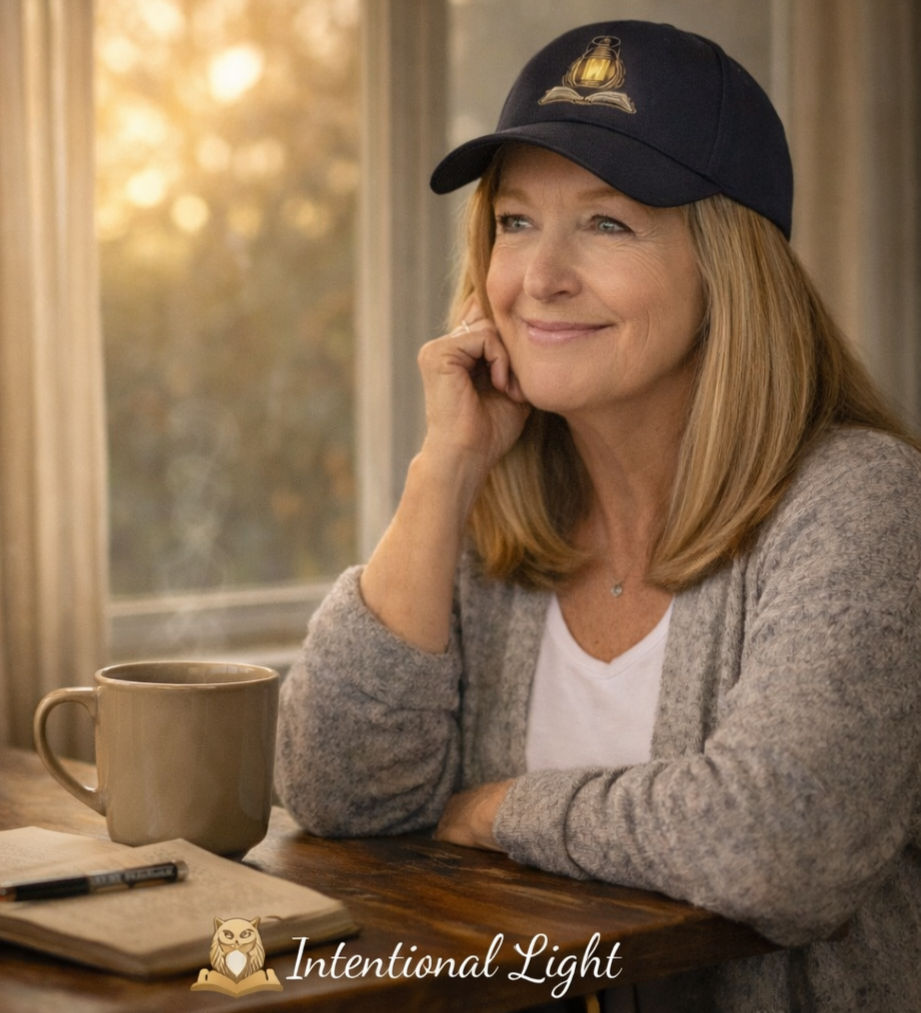 A quiet morning moment of awareness as a woman reflects by a window with coffee, representing letting go of habits and intentional light.