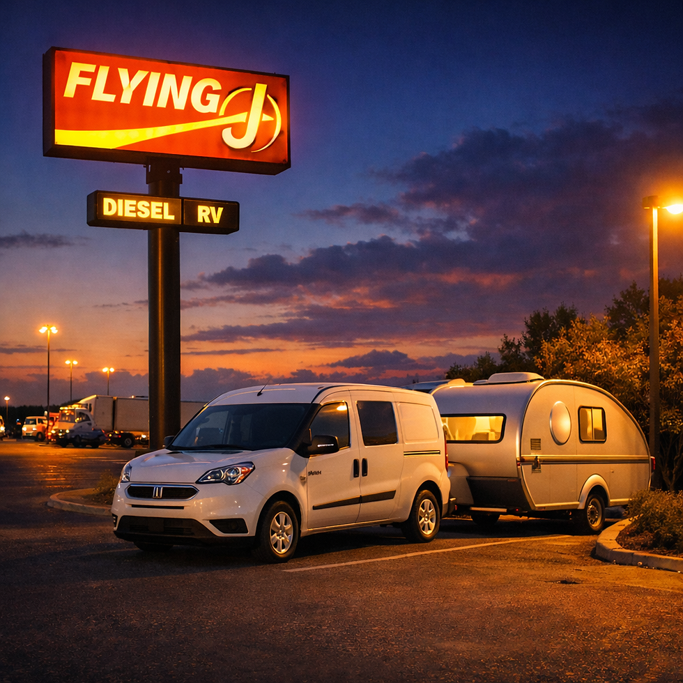 White van towing a camper at sunset under a Flying J Diesel RV sign in a parking lot. Warm sky hues create a peaceful mood.