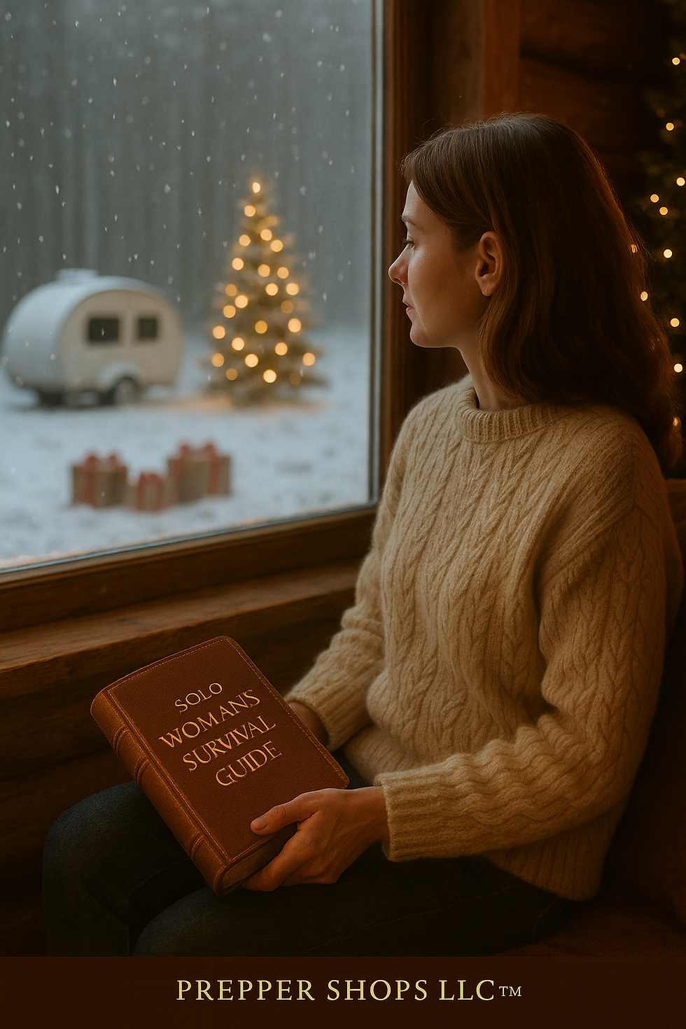Three wrapped gifts rest in the snow beside a glowing Christmas tree and teardrop camper, viewed from inside a warm cabin on a quiet winter evening.