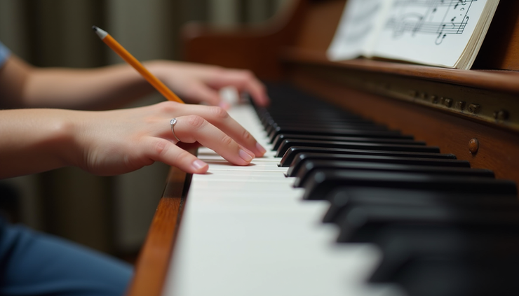 Close-up view of piano keyboard with sheet music and pencil