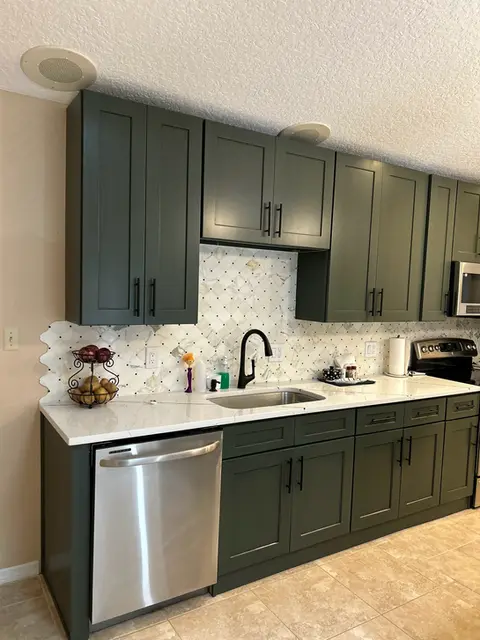 Green shaker cabinets , modern style cabinets , Full Kitchen Renovation in Maitland Fl