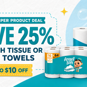 H-E-B digital coupon offering 25% off qualifying bath tissue or paper towels with an Angel Soft toilet paper example.