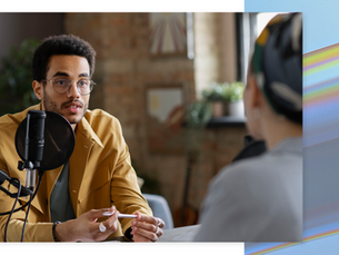 Podcast hosts recording a brand sponsorship, showing podcast ad targeting across genres and audience demographics