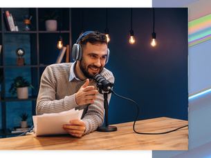Host in studio recording successful brand sponsorship podcast campaign. Illustrating successful podcast marketing examples.