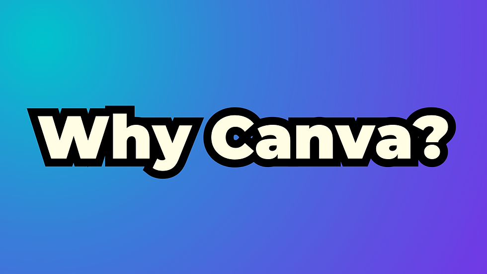 Text "Why Canva?" in bold white letters with black shadow on a blue to purple gradient background. Mood is inquisitive.