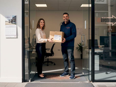 Courier handing box to office worker inside lobby