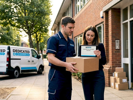 Courier handing parcel to businesswoman outside office
