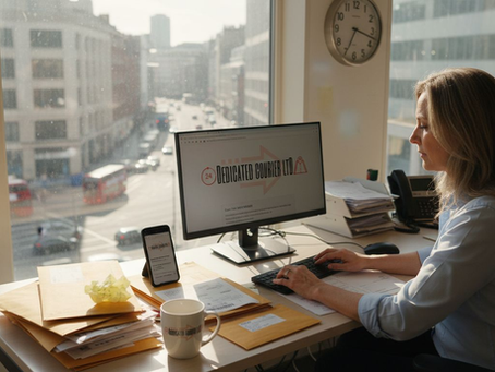 Office manager booking courier at cluttered desk