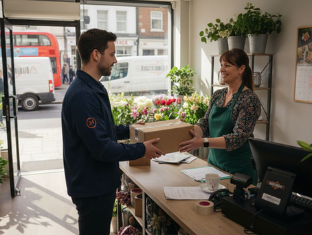 Courier delivering parcel at small florist shop