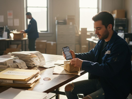 Courier packing urgent parcel in office