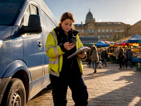 Female courier scanning device by delivery van in Halifax