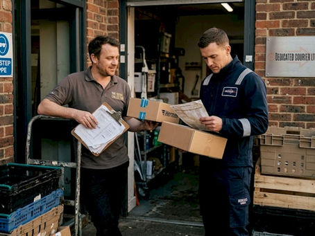 Retail manager handing parcels to courier outside shop