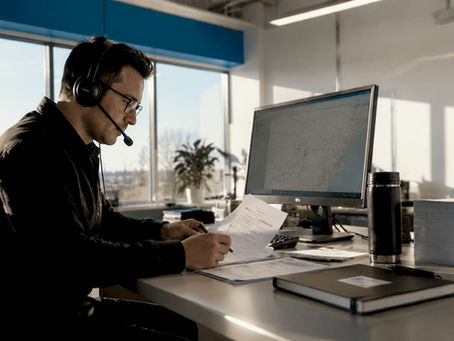 Courier dispatcher reviewing delivery manifests at desk