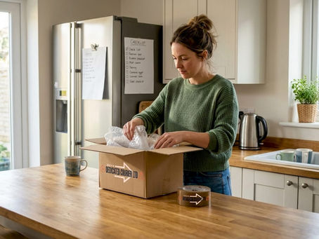 Woman packing parcel at home kitchen counter