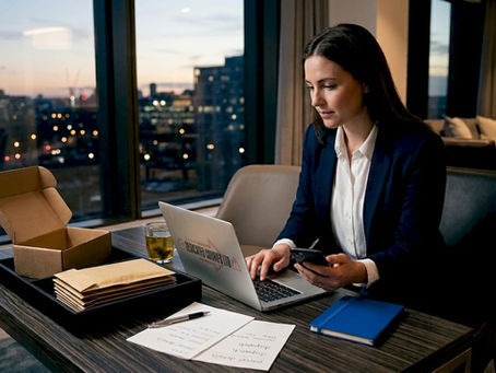 Woman booking courier at kitchen table