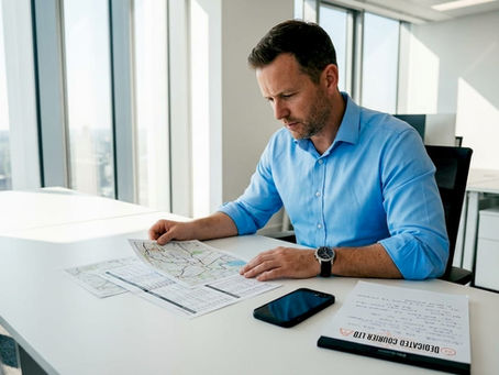 Logistics manager reviewing courier delivery plans in office