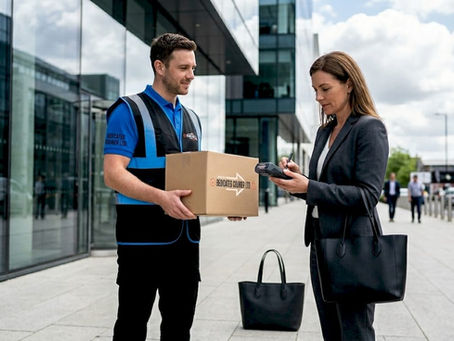Courier delivering package outside UK office