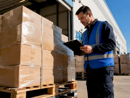 Supervisor inspecting loaded pallet at warehouse