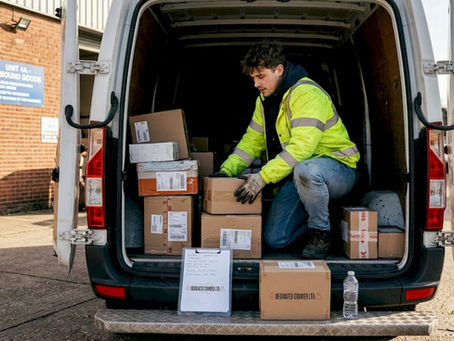 Courier sorting urgent parcels at UK warehouse