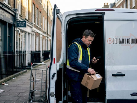 Courier unloading urgent parcel from van