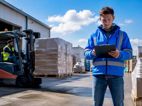 Warehouse manager checking pallets in large storage