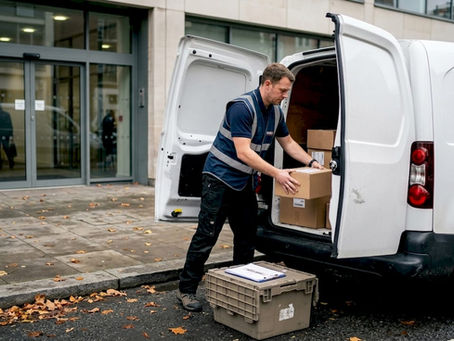 Courier unloading packages at UK office