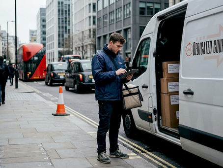 Courier scanning tablet beside delivery van