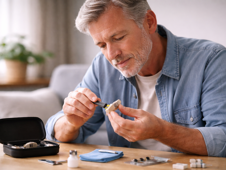 A man over 50 cleaning his hearing aids