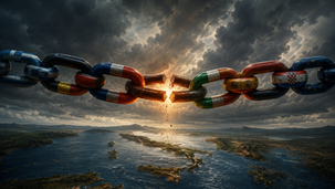 Un’allegoria drammatica dell'Europa rappresentata come una catena di egoismi nazionali sospesa sul Mediterraneo . L'immagine cattura il momento critico in cui l''anello debole' dei paesi mediterranei, lasciato solo a gestire la sfida migratoria, rischia di spezzarsi sotto la tensione di politiche divergenti e della mancanza di solidarietà.