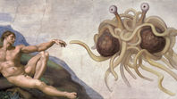 Toccato dal Suo appendice di spaghetti. La parodia della Creazione di Adamo di Michelangelo è diventata un'immagine iconica del Mostro di Spaghetti Volante.