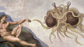 Toccato dal Suo appendice di spaghetti. La parodia della Creazione di Adamo di Michelangelo è diventata un'immagine iconica del Mostro di Spaghetti Volante.
