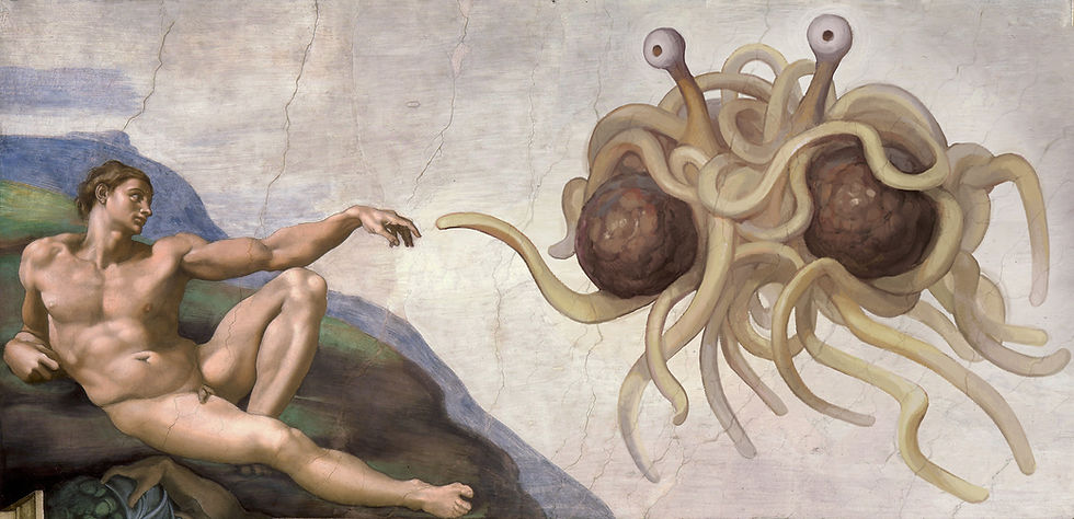 Toccato dal Suo appendice di spaghetti. La parodia della Creazione di Adamo di Michelangelo è diventata un'immagine iconica del Mostro di Spaghetti Volante. https://commons.wikimedia.org/wiki/File:Touched_by_His_Noodly_Appendage_HD.jpg