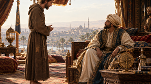 Incontro tra San Francesco, in saio umile e scalzo, e il sultano Malik al-Kamil, in abiti sfarzosi sul trono. Dialogano pacificamente in una tenda reale con vista su una città mediorientale.