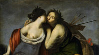 Il dipinto barocco mostra due figure femminili – personificazioni delle due arti – che si scambiano un tenero e intenso abbraccio con un bacio