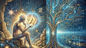 Immagine generata con AI, un uomo stilizzato che legge una pergamena