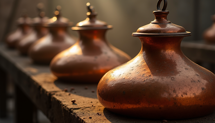 Eye-level view of traditional copper distillation pots used in Kannauj attar making