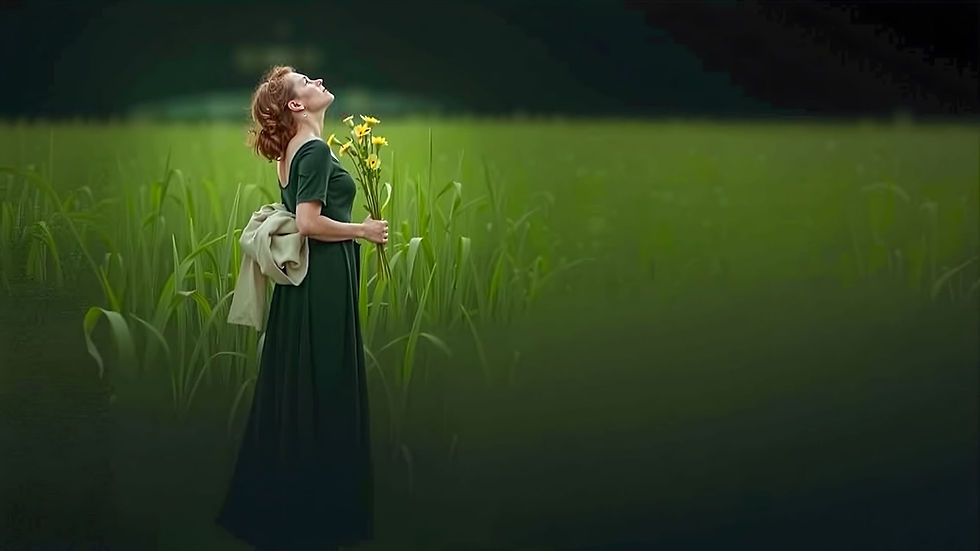 Woman standing in a lovely field looking upward as she reflects on clarity and gratitude.