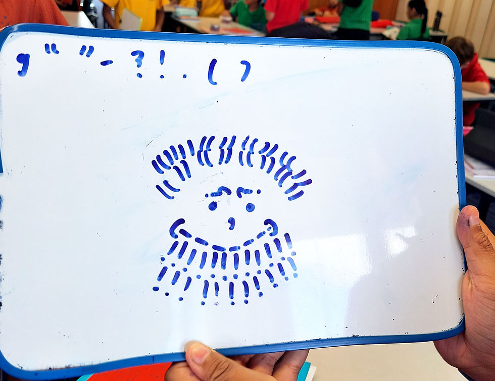 a picture of a face made of punctuation marks on a small whiteboard