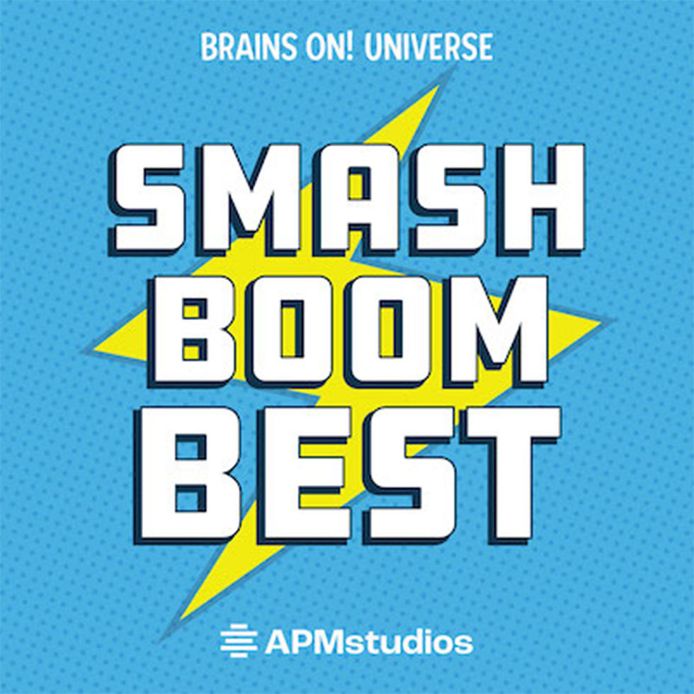 logo for smash, boom, best podcast. blue background, white writing and a yellow lightning symbol