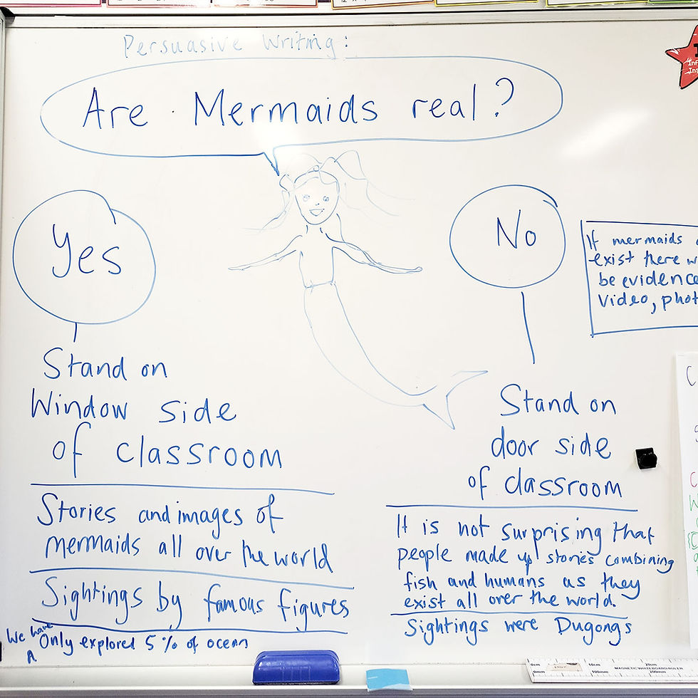 photo of whiteboard with ideas for the question 'are mermaids real?'