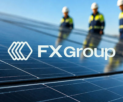 FX Group logo over solar panels with workers behind