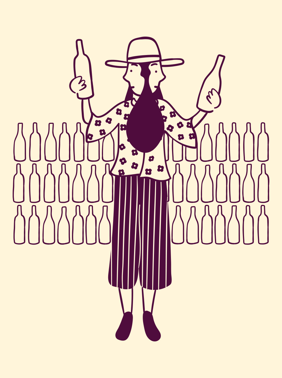 Wine Match character illustration pouring wine, with flavour notes shown in speech bubbles