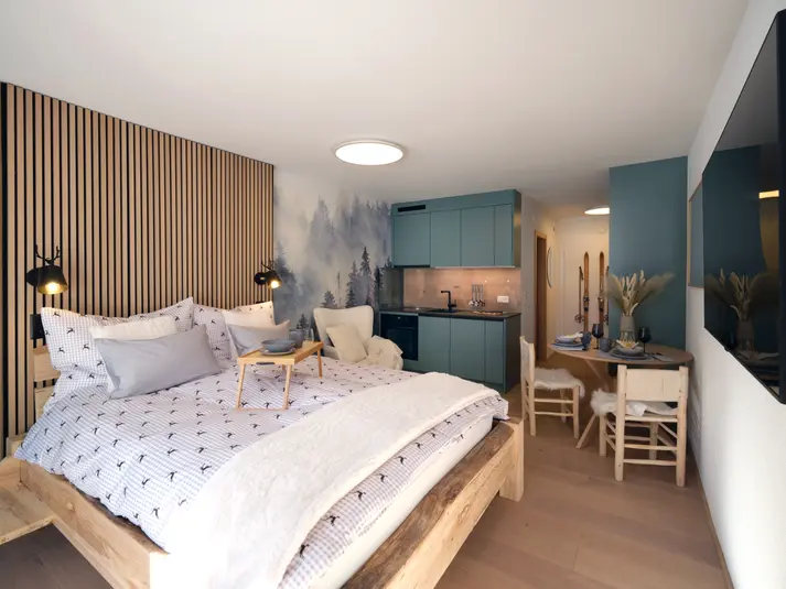 Wohnküche mit Seesicht einer 1.5 Zimmer Ferienwohnung in Arosa