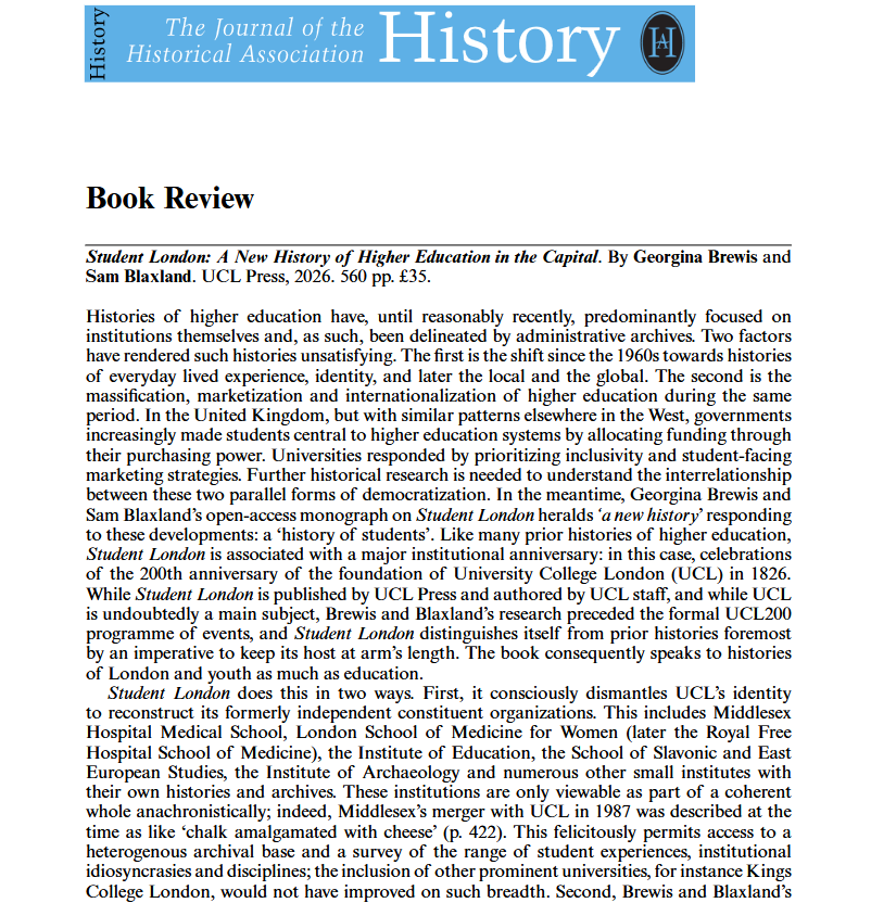Review: Georgina Brewis and Sam Blaxland's Student London: A New History of Higher Education in the Capital
