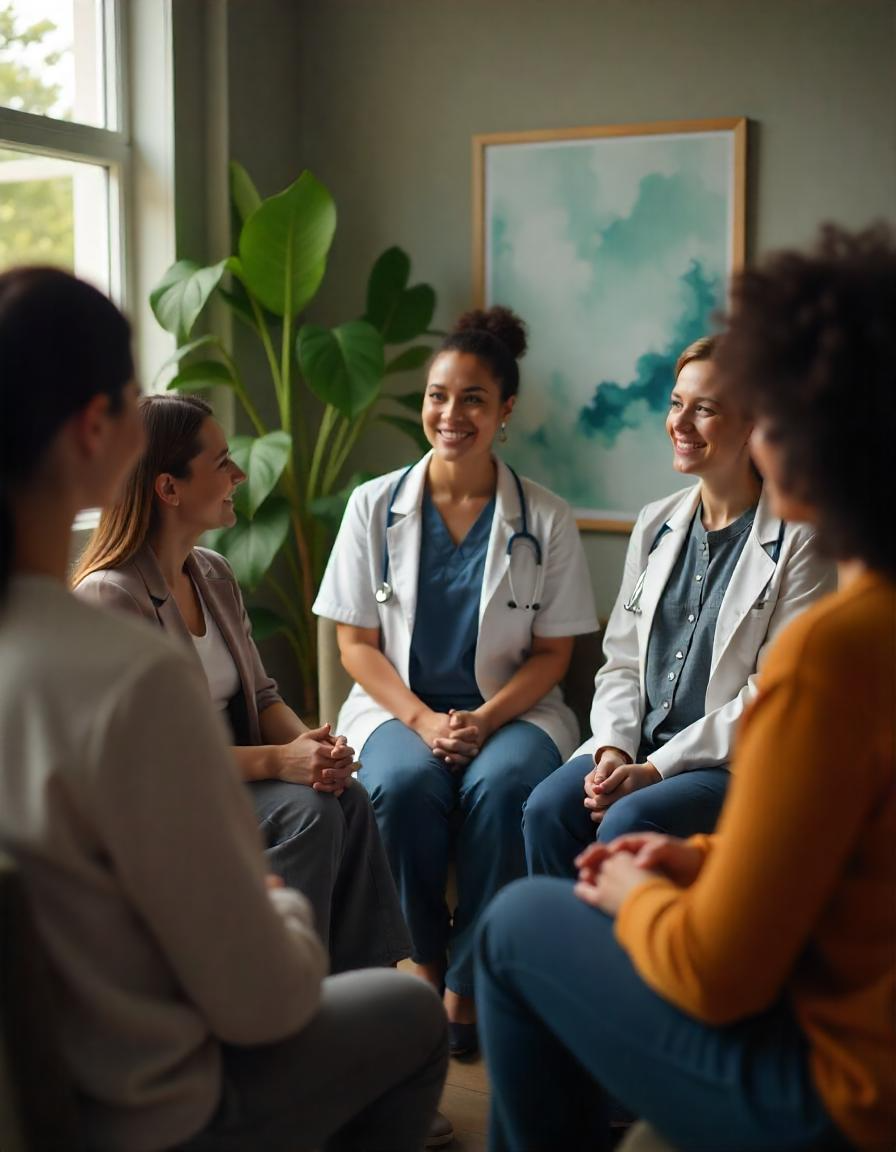 Group of healthcare professionals in discussion, smiling. They're seated in a sunny room with a plant and abstract art in the background. Mellow mood.